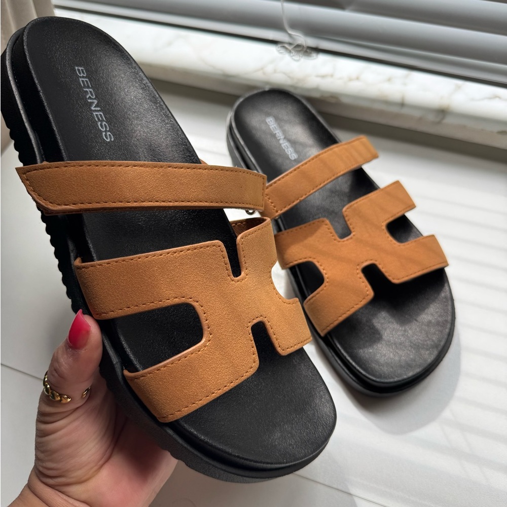 Tan and Black Designer Sandals with H-Shaped Strap